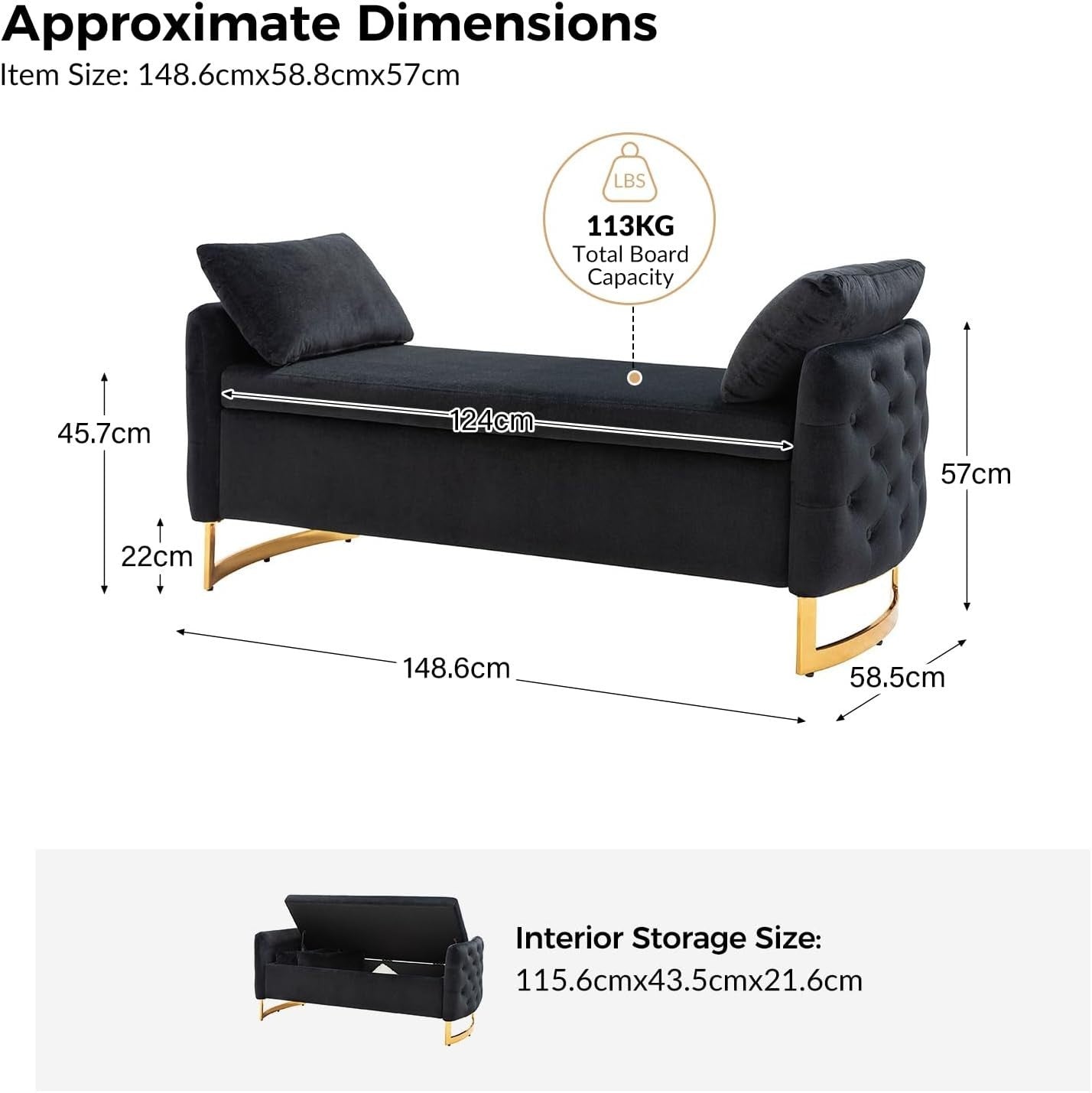 Large Storage Ottoman Bench w/ Pillows Modern Upholstered Metal Leg Seat