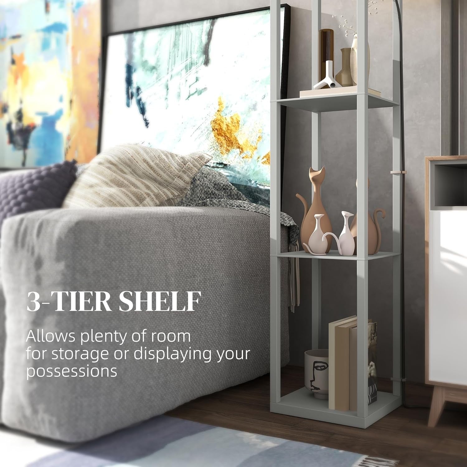 Floor Lamp with Shelves Tall Standing Light Fabric Shade Storage Unit
