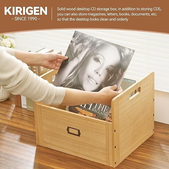 Wooden Record Storage Crate with Handles Holds Up to 80 Albums Organizer