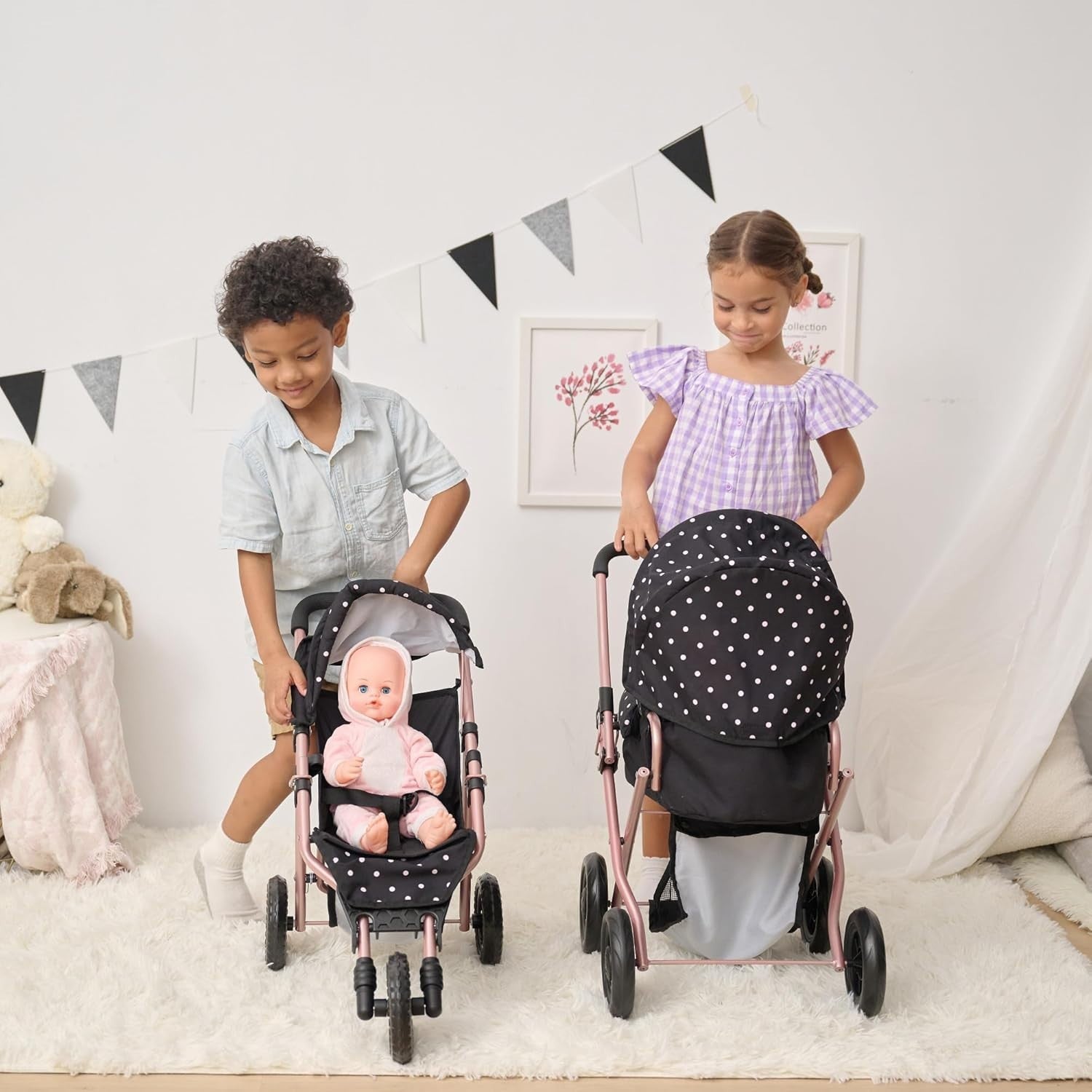 2-in-1 Doll Stroller Removable Bassinet Foldable Canopy Basket Bag