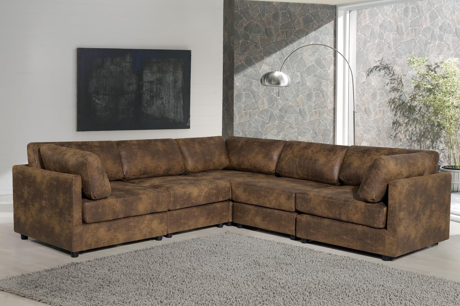 Large Brown Faux Leather Modular 5-Seater Corner Sofa with Adjustable Sections