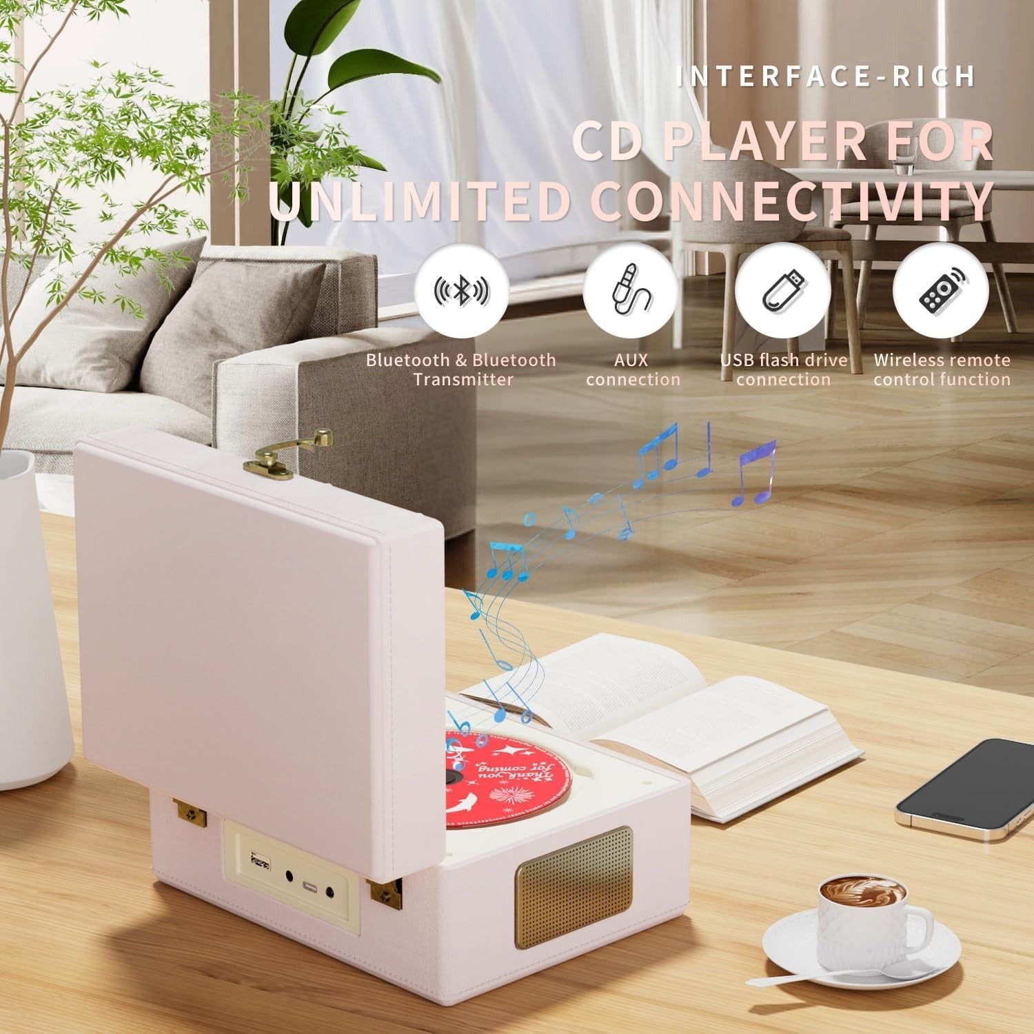 Portable Bluetooth CD Player Music Box w Speakers Rechargeable Pink