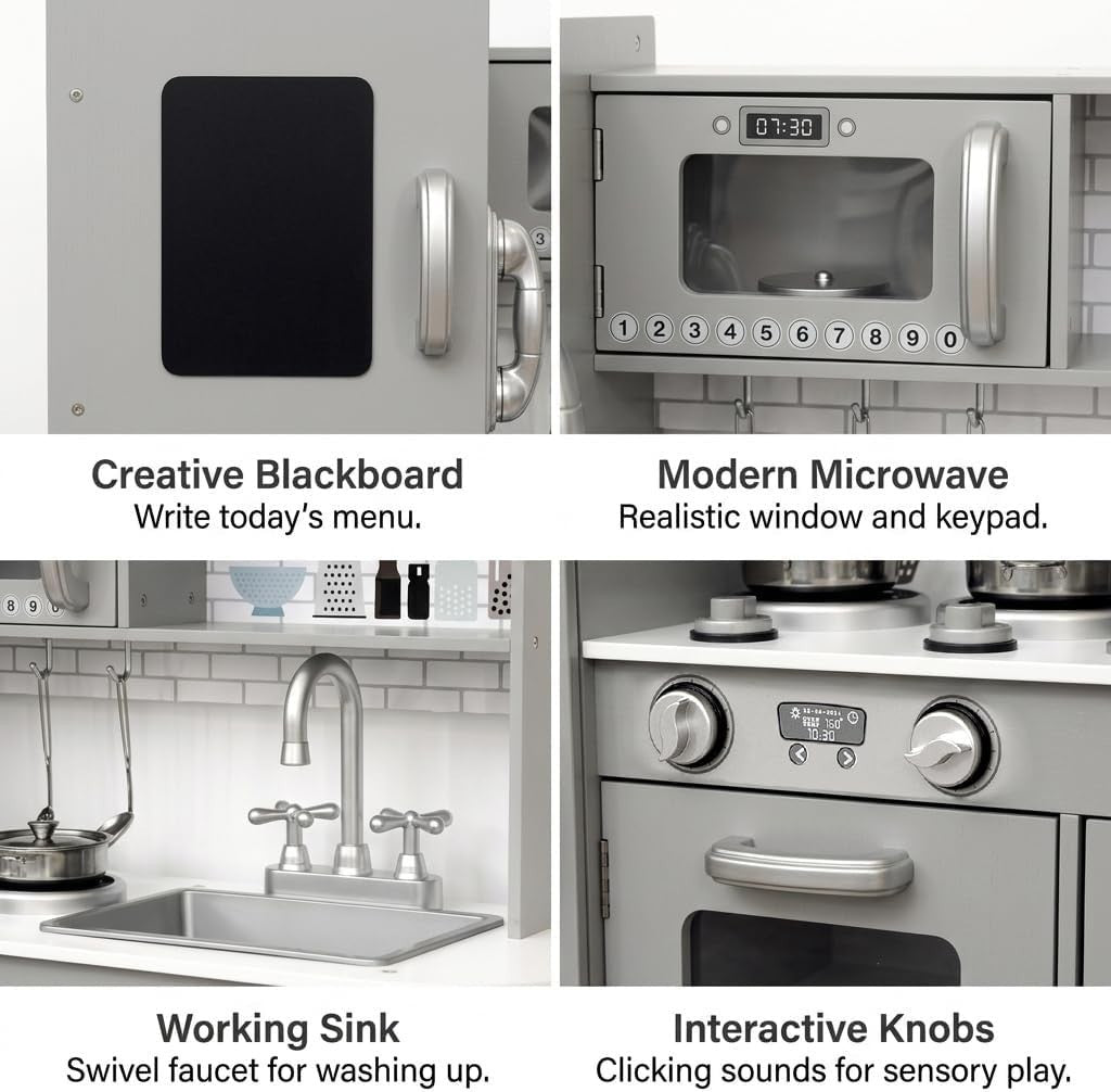 Large Wooden Kids Play Kitchen w/ Microwave Oven Sink Utensils
