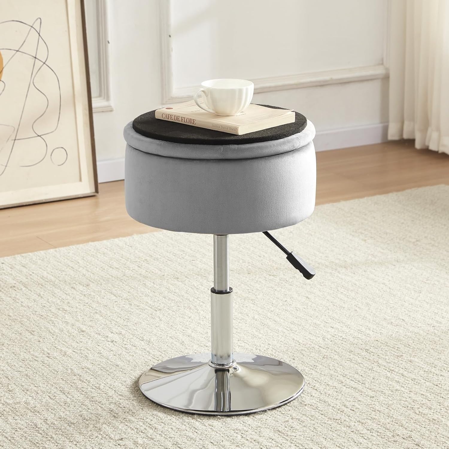 Grey Velvet Vanity Stool with Storage Adjustable Swivel Makeup Chair Chrome Base