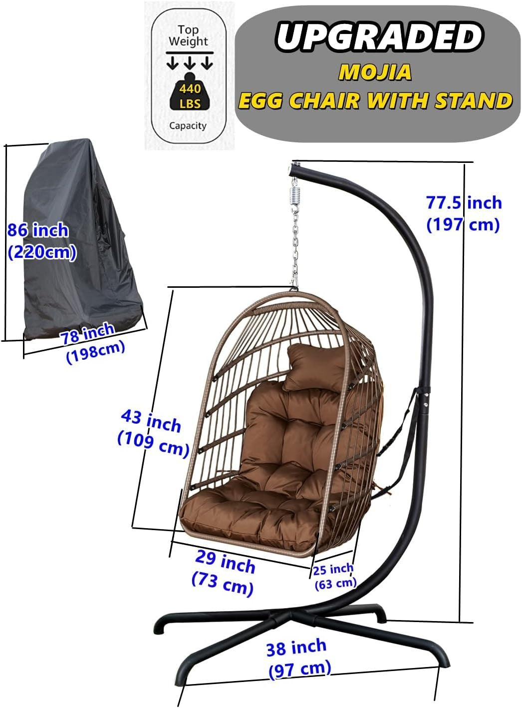Hanging Swing Egg Chair with Stand & Soft Cushion for Indoor Outdoor Dark Coffee