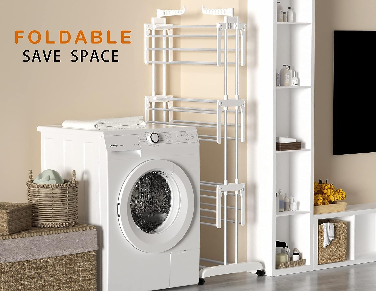 4 Tier Clothes Airer Stainless Steel Foldable Drying Rack with Wheels White