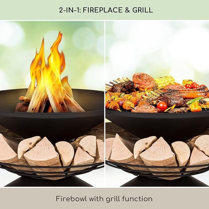 Outdoor Fire Pit Bowl with Grill Stand – Alloy Steel Weatherproof Garden Heater