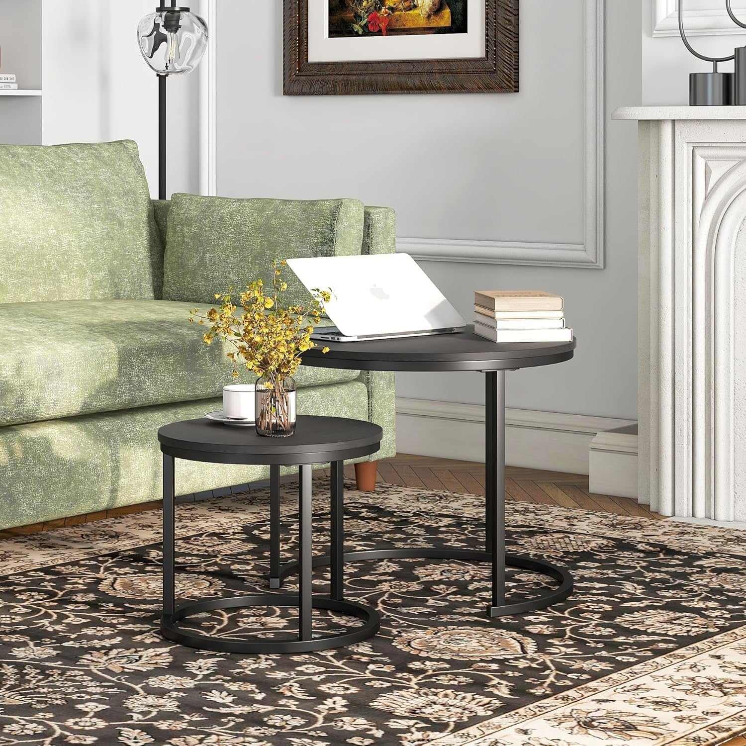 Round Nesting Coffee Table Set of 2 – Space-Saving Metal Frame & Wood Look