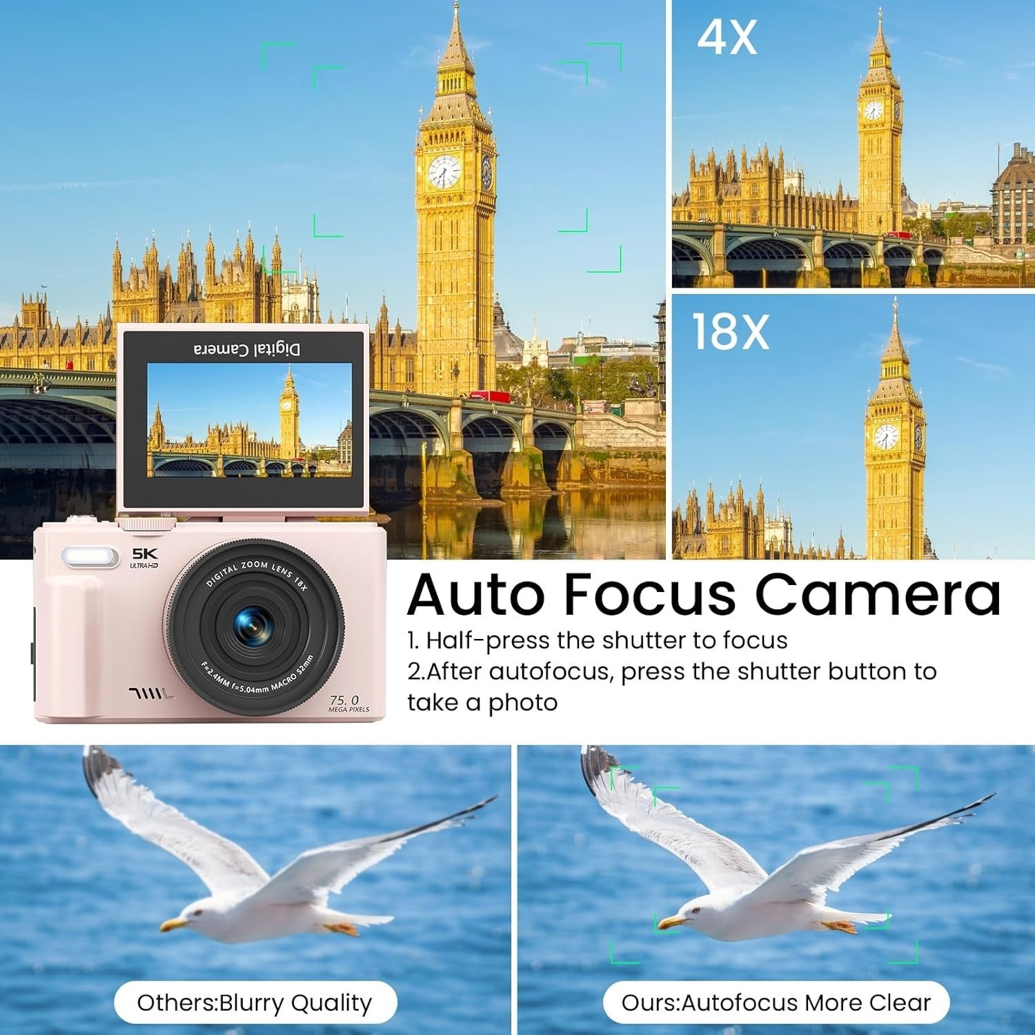 5K 75MP Digital Camera WiFi Vlogging Camera Flip Screen Pink