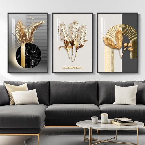 Large Black Gold Wall Art Set of 3 Framed 24x36 Luxury
