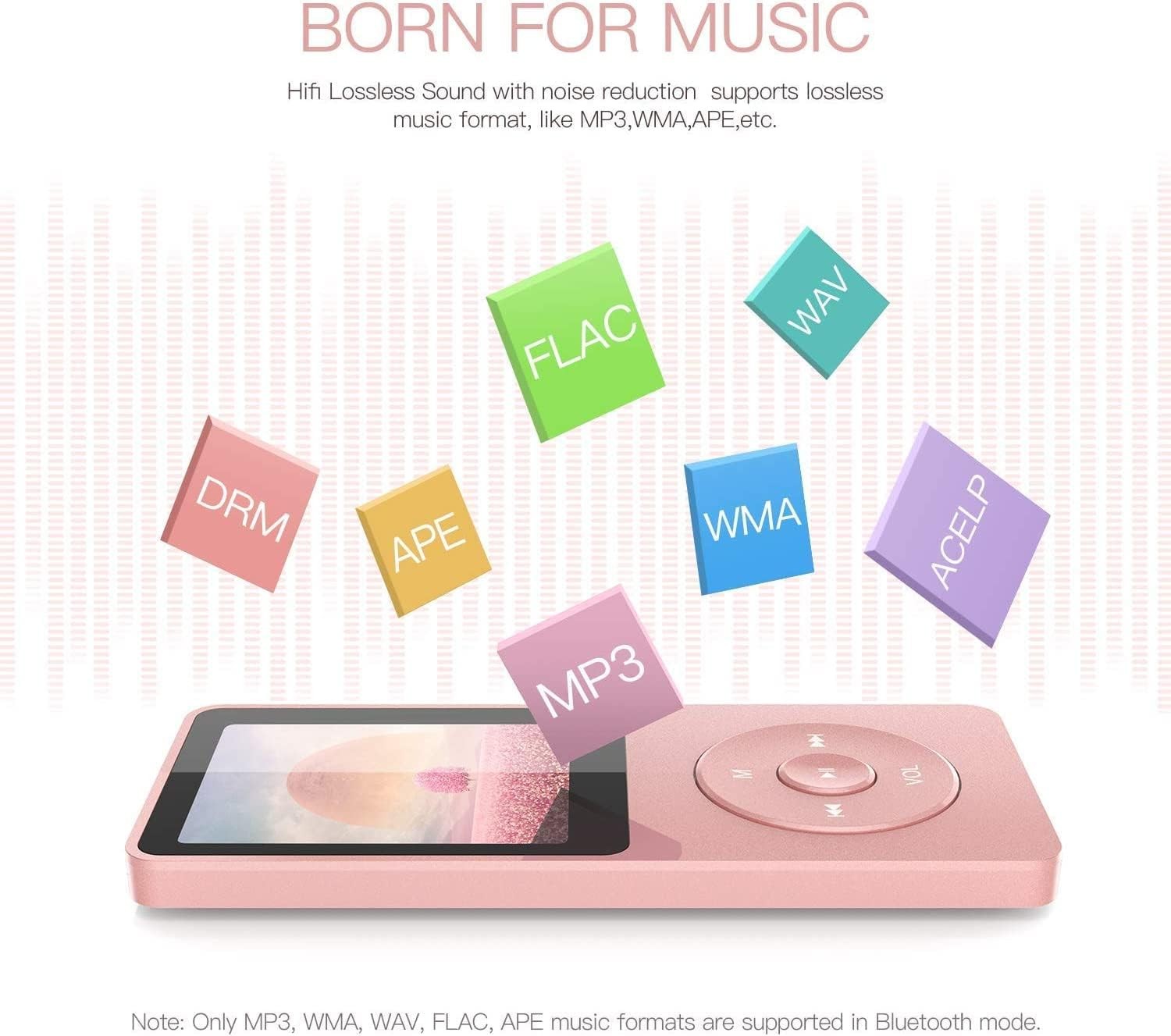 32GB MP3 Player Bluetooth 5.3 1.8" Screen Speaker FM Pink