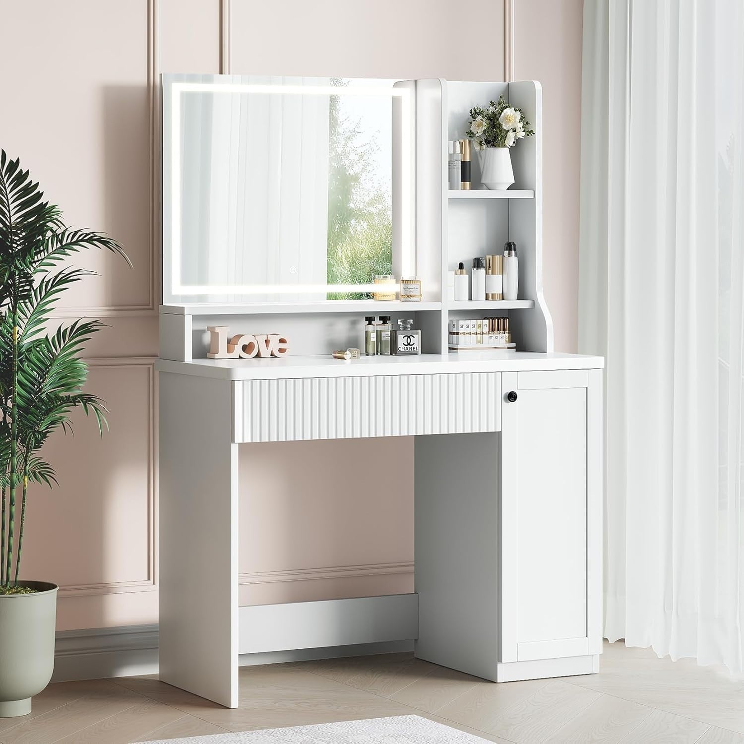 White Vanity Makeup Dressing Table Mirror Lights Storage Desk Modern