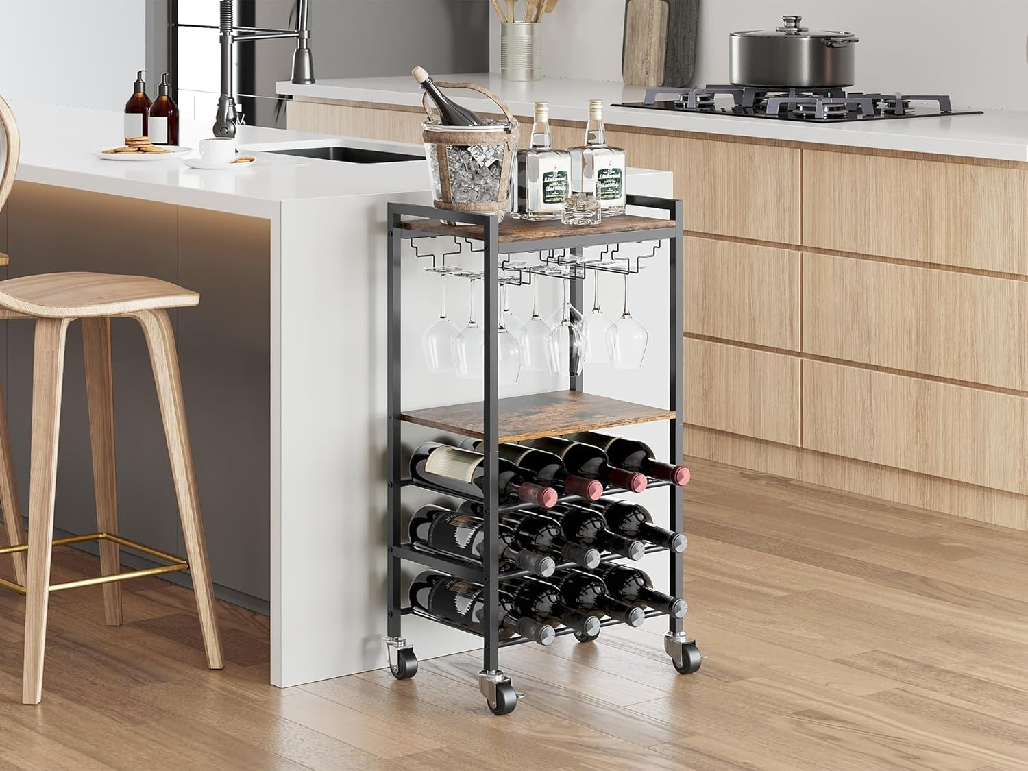 Wine Rack Trolley on Wheels 12 Bottle Bar Cart Glass Holder Drinks Storage