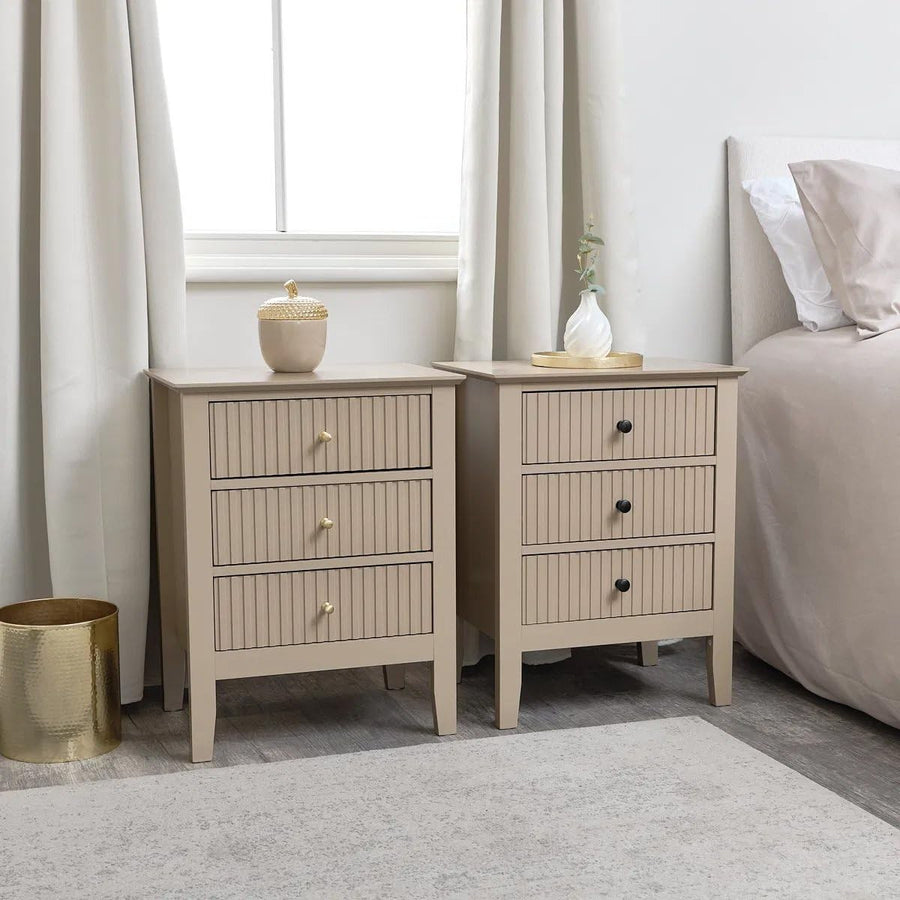 Pair of Modern 3 Drawer Bedside Tables – Taupe Tan Wood Nightstands
