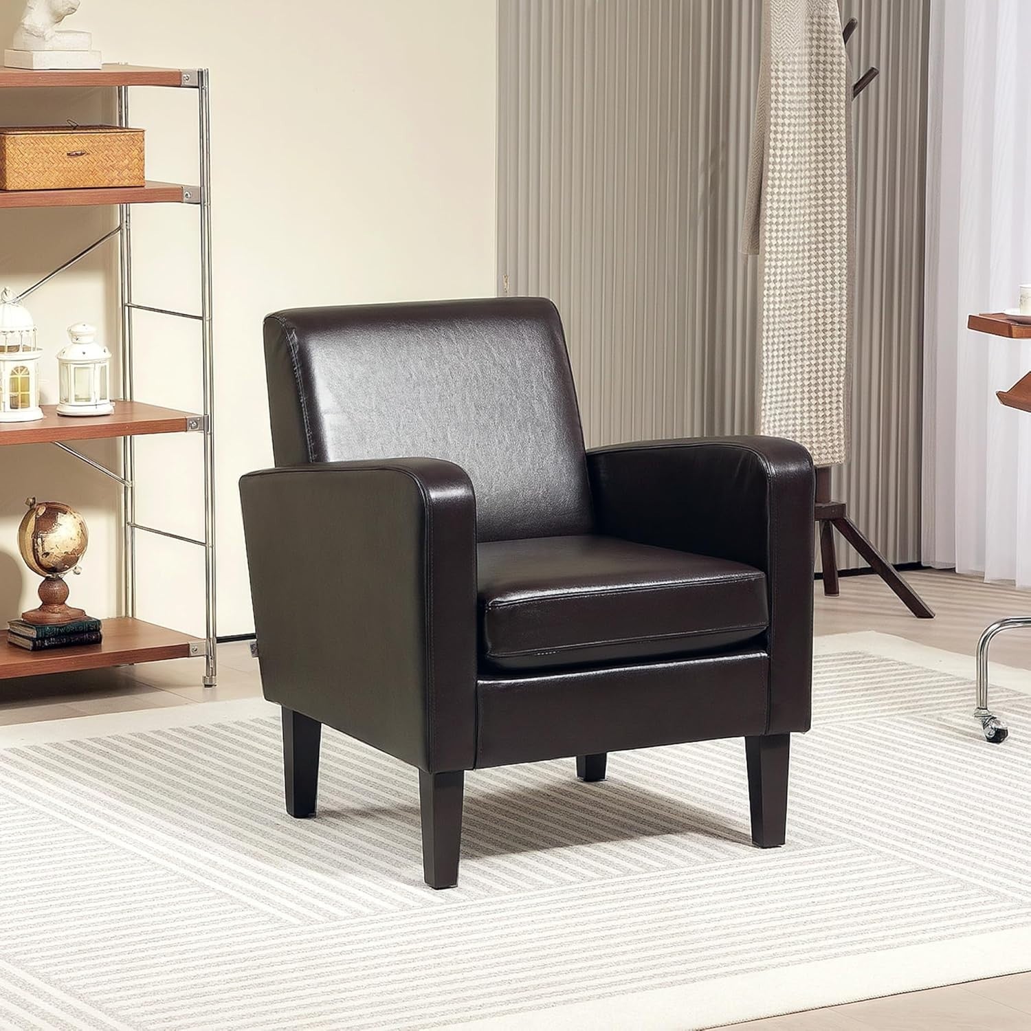 Modern Faux Leather Armchair with Eucalyptus Wood Legs | Comfortable Lounge Seat