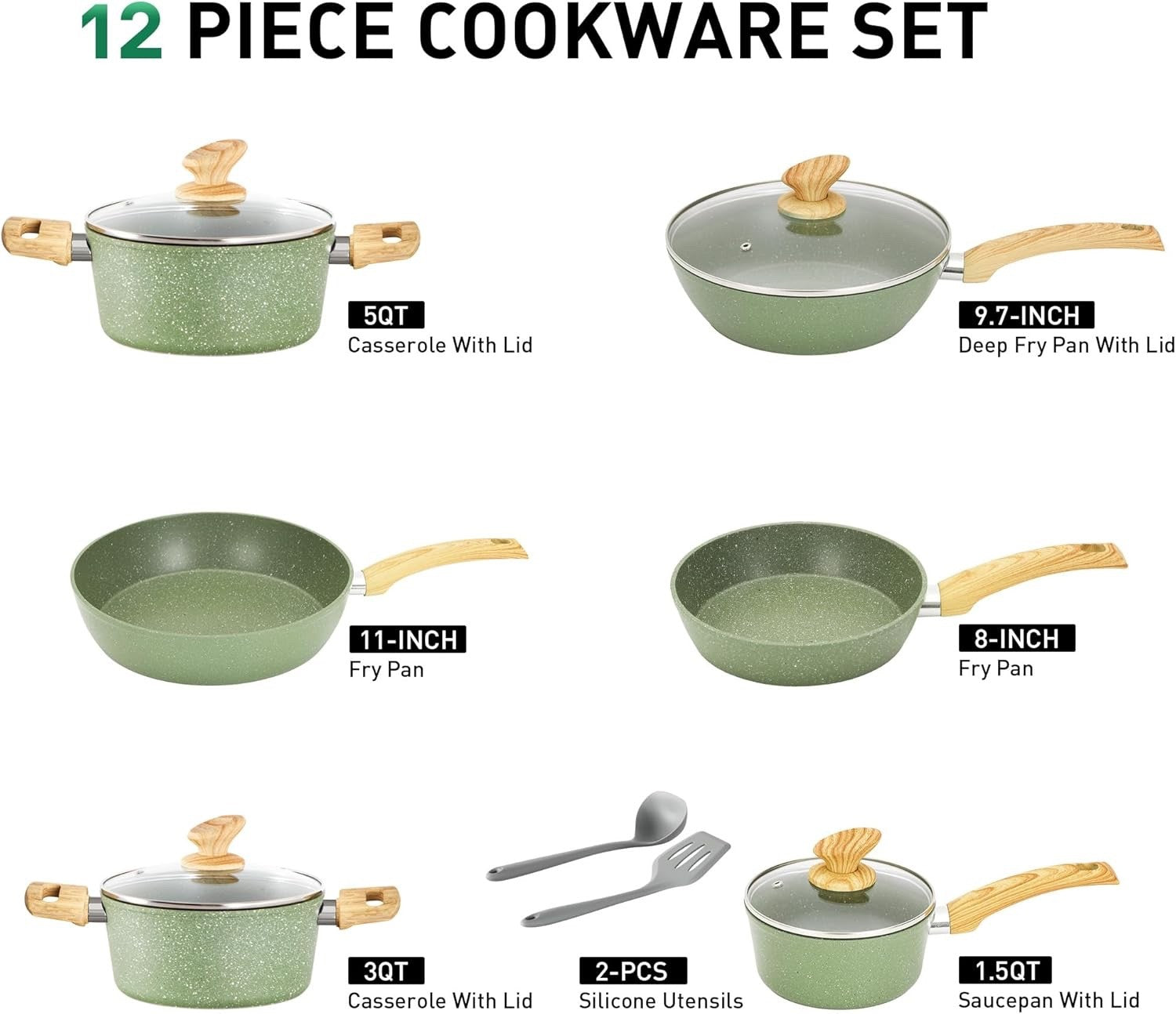 12pc Green Non Stick Cookware Set Induction Ready Pots Pans with Lids & Utensils