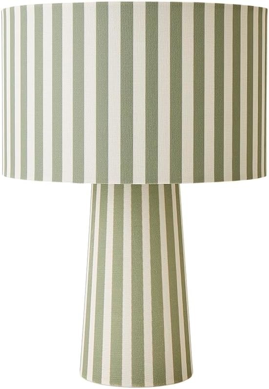 Green Cream Stripe Table Lamp Retro Fabric Drum Shade LED Ready E27 Light