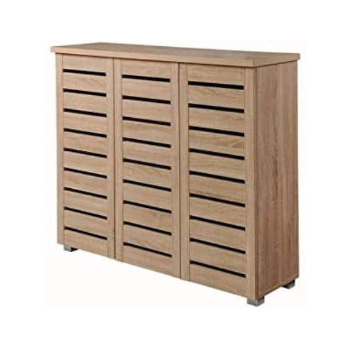 Oak Shoe Cabinet 3 Door 5 Tier Storage Cupboard Unit Modern Slim 114cm