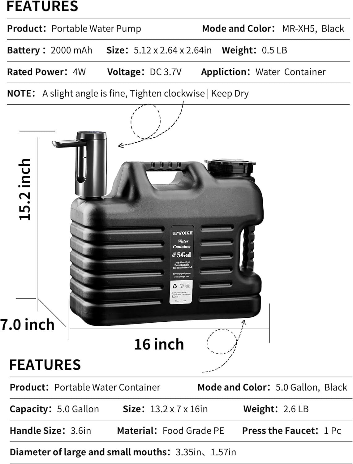 Portable 5 Gallon Water Jug with Electric Pump 19L Leakproof Camping Tank