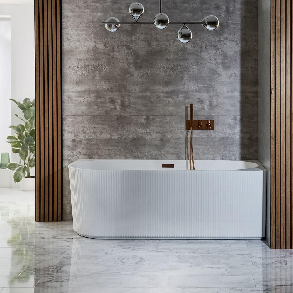 White Right Hand Fluted Corner Bath 1700x800mm Copper Overflow