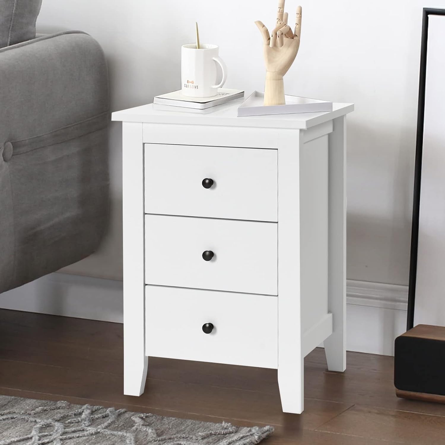 White Wooden Bedside Table with 3 Drawers – Modern Nightstand Storage Unit