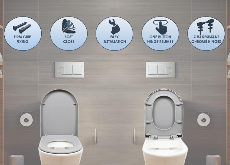Grey D-Shaped Toilet Seat Quick Release Top & Bottom Fix 45x36cm