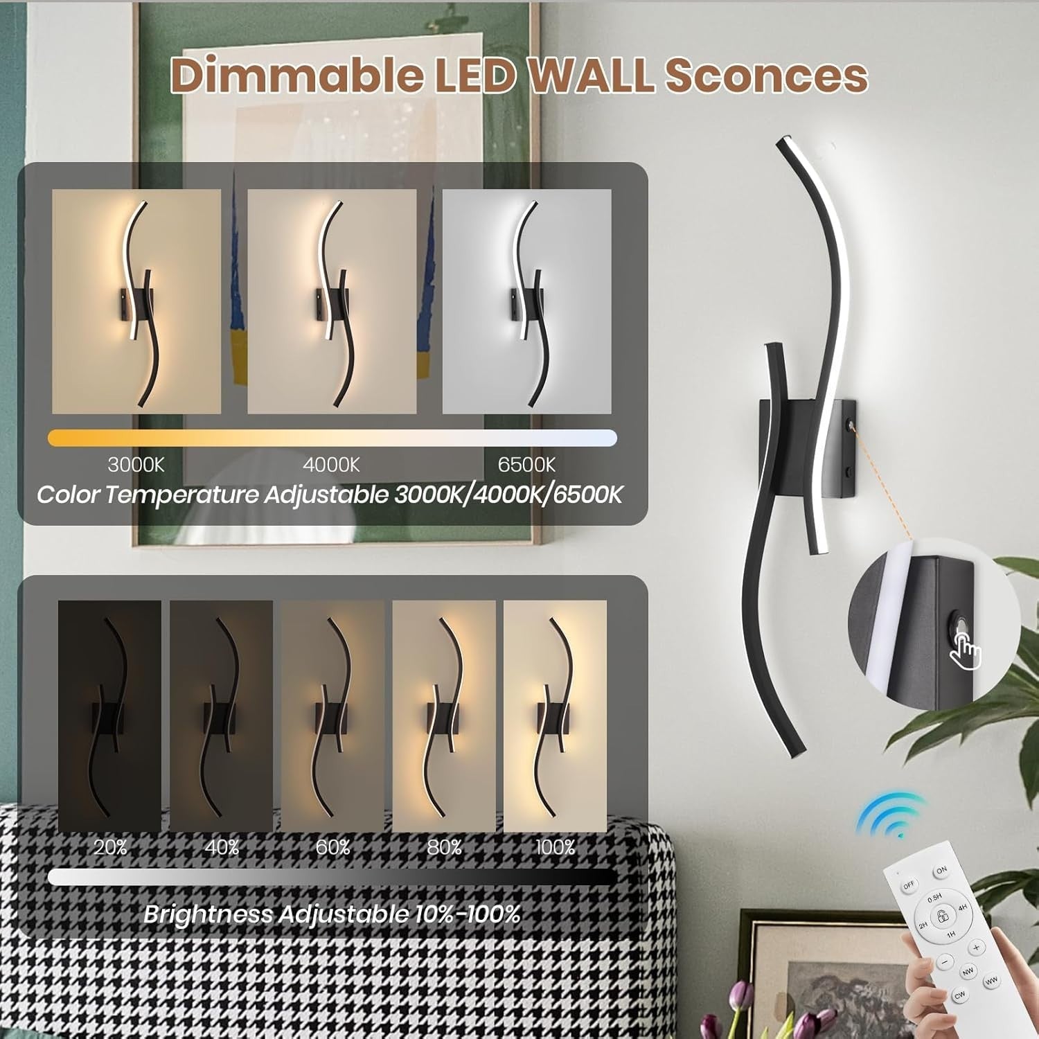 Battery Operated LED Wall Sconces with Remote, USB Rechargeable, 80cm