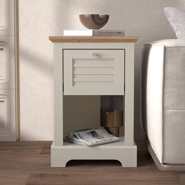 Light Grey & Oak Bedside Table | Modern Nightstand with Drawer