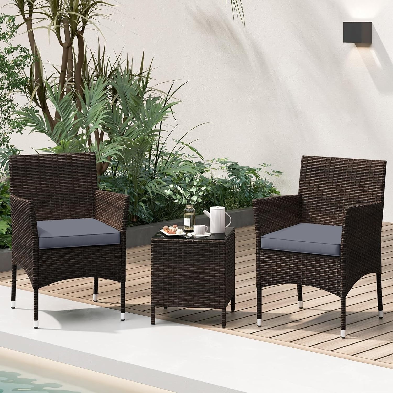 3PC Rattan Bistro Set Outdoor Patio Chairs Table Cushioned Balcony Set