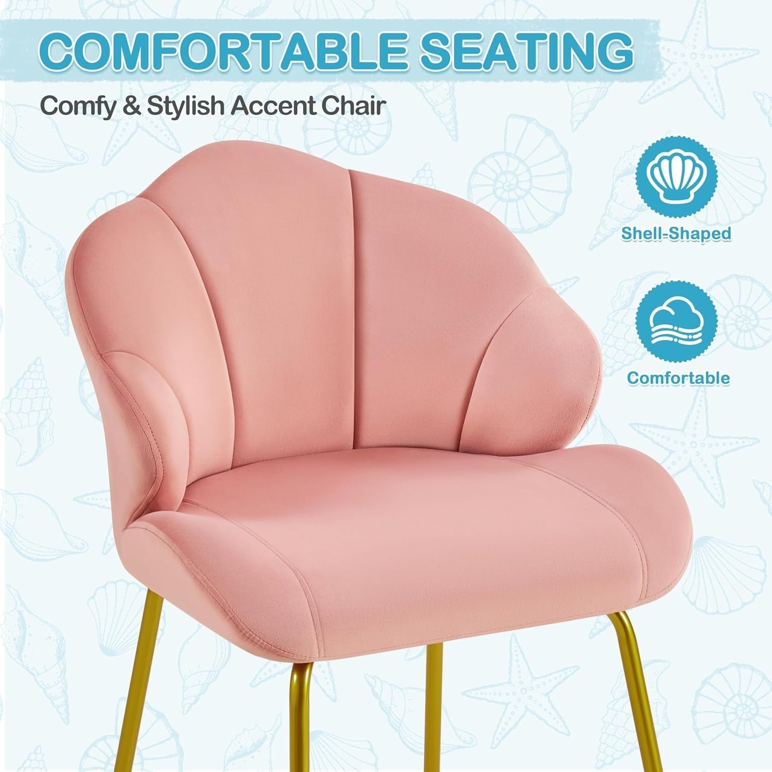 Velvet Accent Chair Shell Back Vanity Tub Seat Gold Legs Pink Office