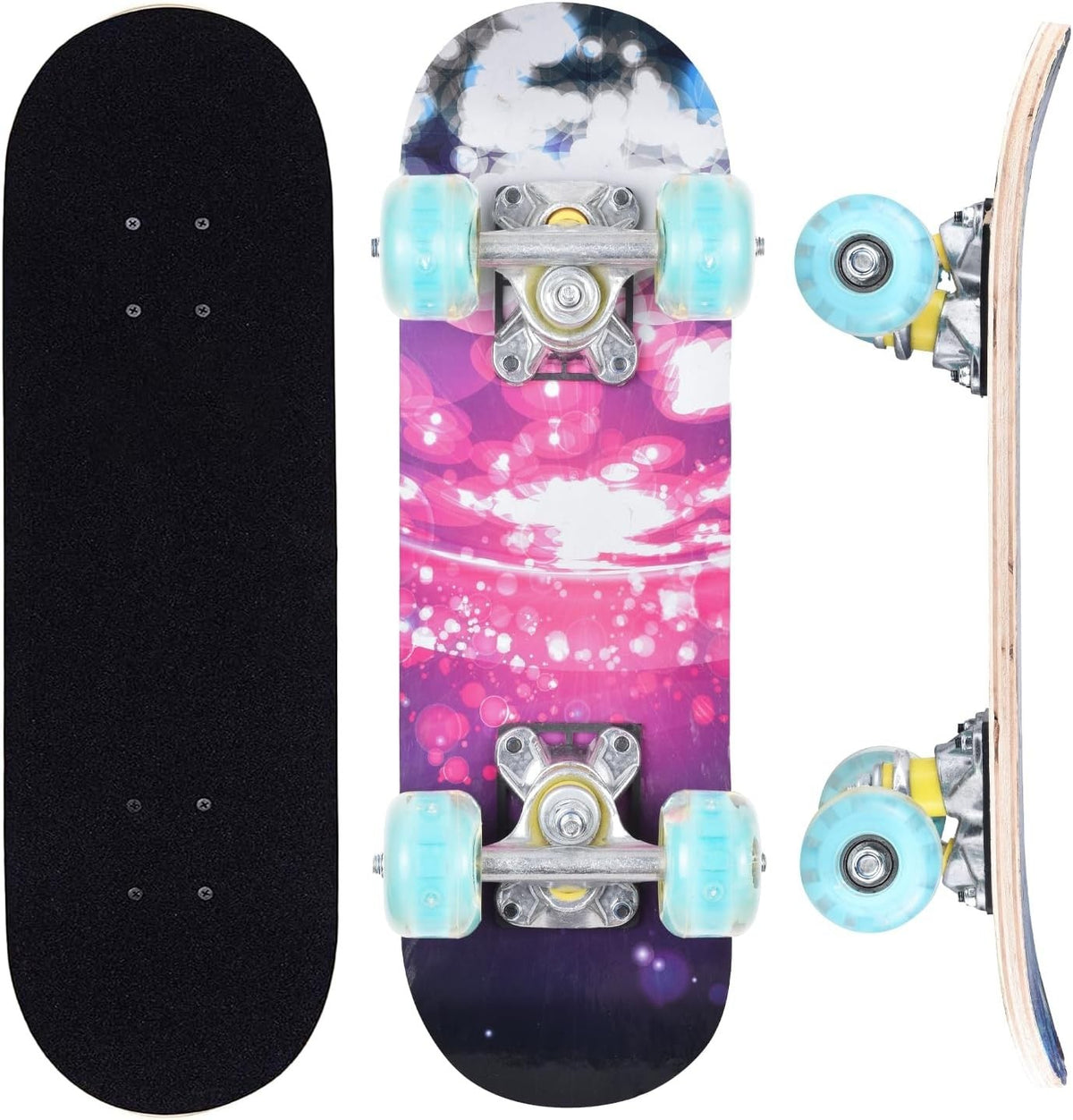 17 Inch Mini Skateboard Light Up Wheels Kids Beginner Double Kick, T-Tool