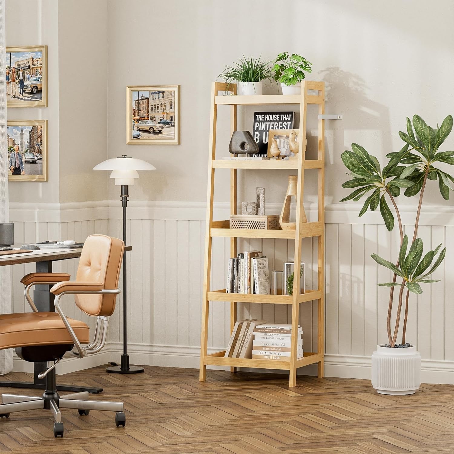 Natural Bamboo 5-Tier Ladder Bookcase, Tall Narrow Display Storage Shelf