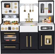 Kids Wooden Play Kitchen w/ Lights Sounds Ice Maker Black Set