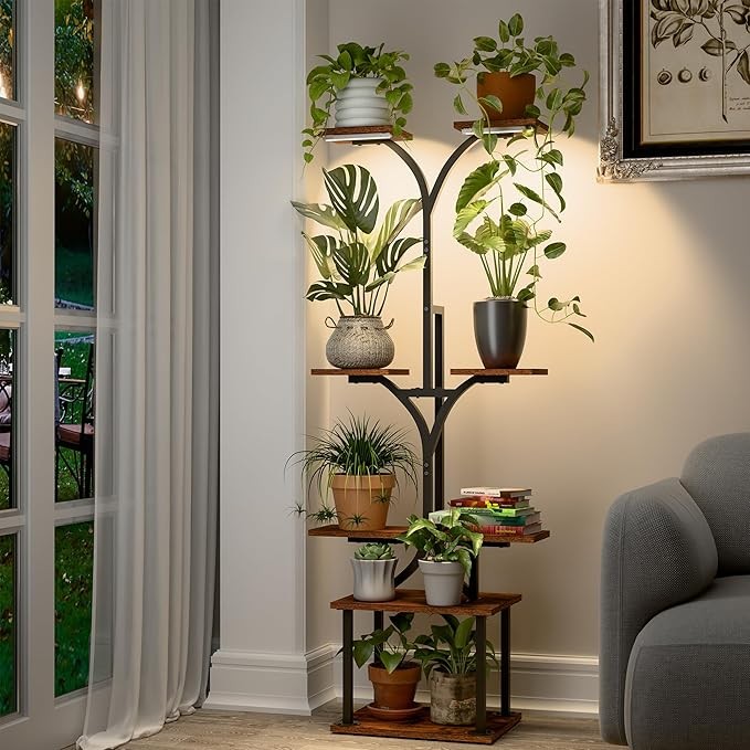 8 Tier Metal Plant Stand with LED Grow Lights Indoor Corner Tall Flower Shelf