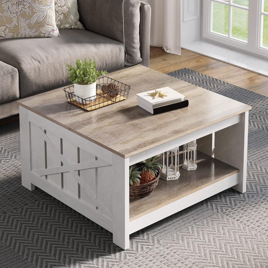 Square Rustic Coffee Table with Storage, Grey Wash Farmhouse Modern Design