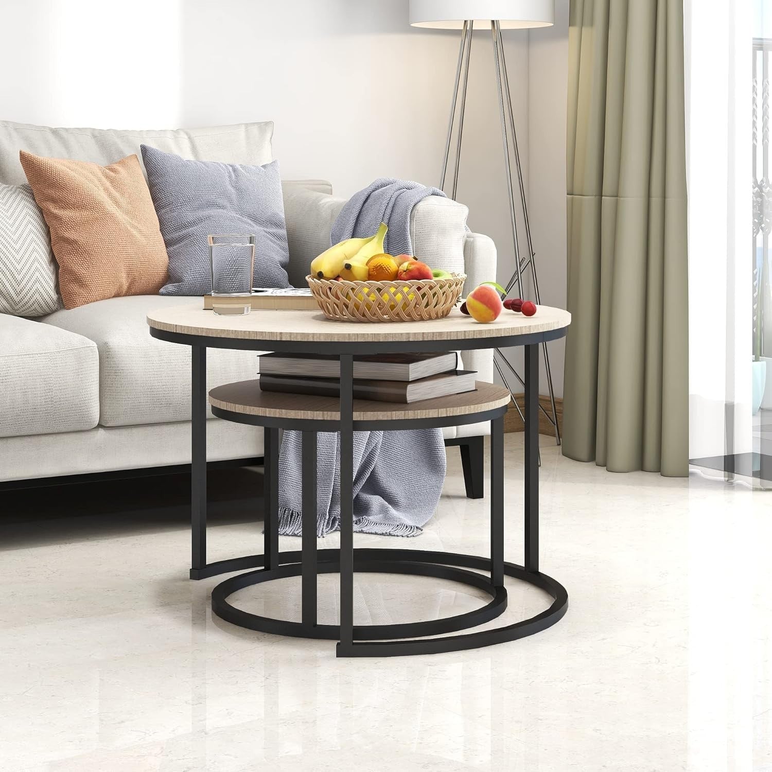 Natural Oak Industrial Coffee Table Set Round Metal Frame Nesting Side End Table