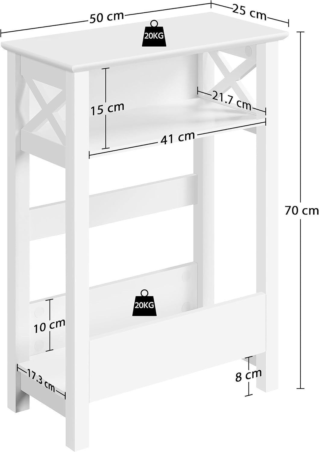 Slim End Table with Storage Shelf, 3-Tier Narrow Nightstand, 70cm Tall, Modern D