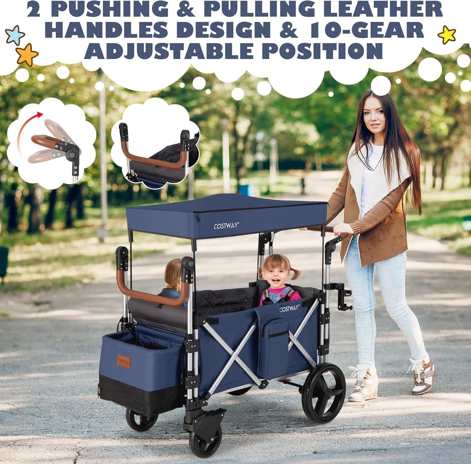 Navy Push Pull Stroller Wagon 2-Seater Folding Cart w/ Canopy 5-Point Harness
