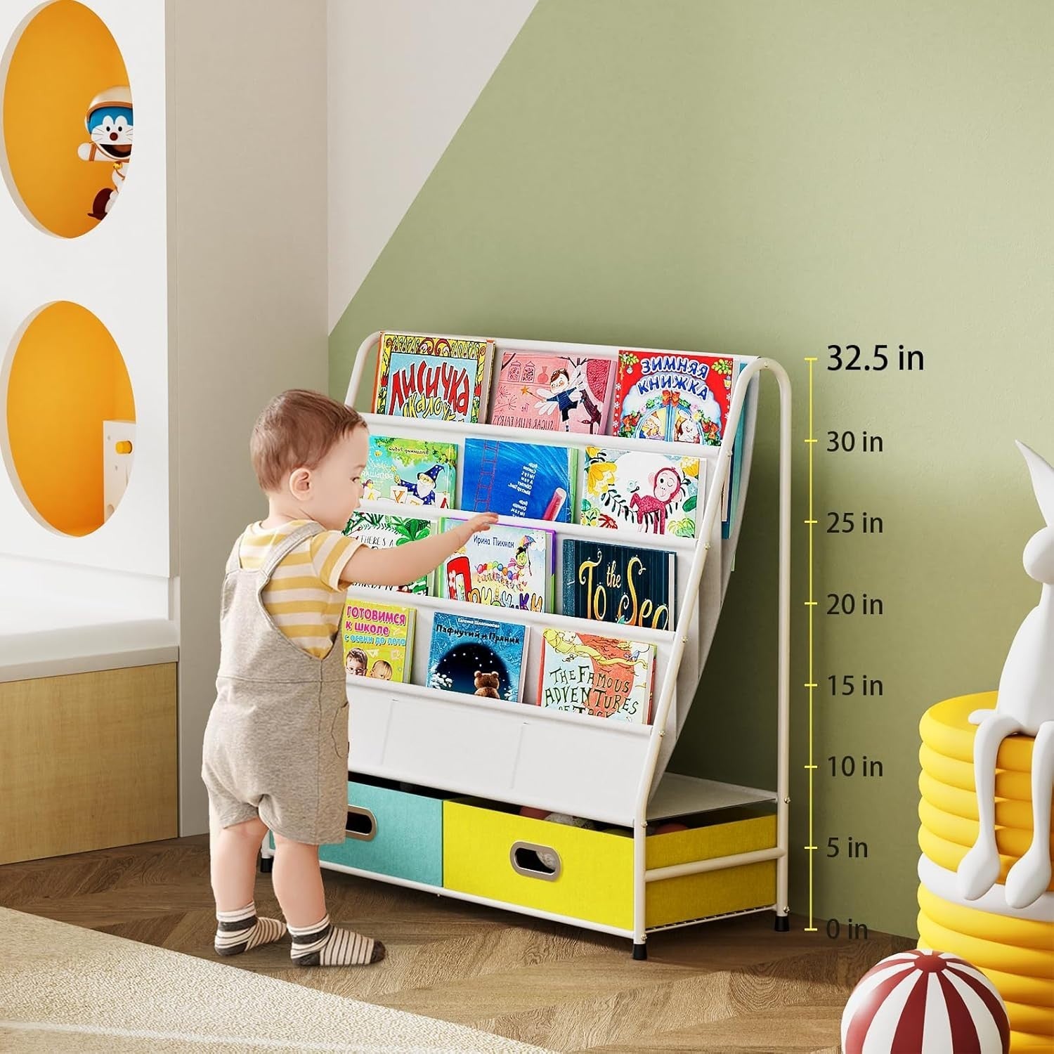 Kids 4 Tier Book Rack with Basket Fabric & Metal Bookshelf Yellow Green