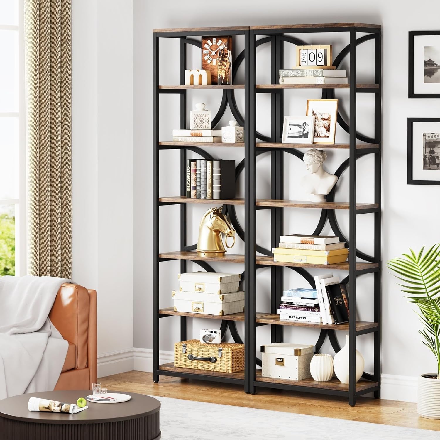 Tall Industrial 6-Tier Bookcase with Metal Frame, Narrow Storage Shelf 200cm