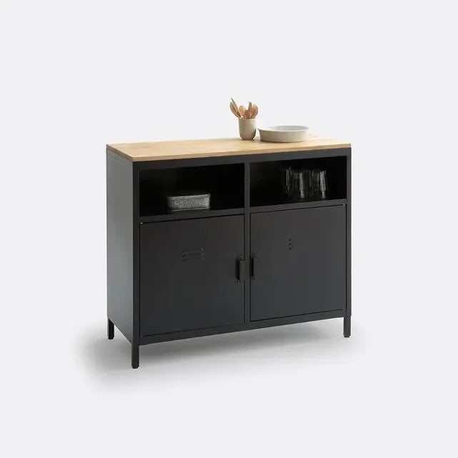 Industrial Black Metal Sideboard 2-Door Oak Top Storage Cabinet 100 cm