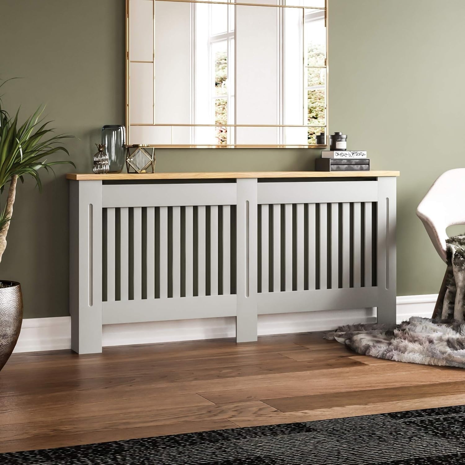 Extra Large Olive Grey Radiator Cover Cabinet MDF Slatted With Wooden Shelf