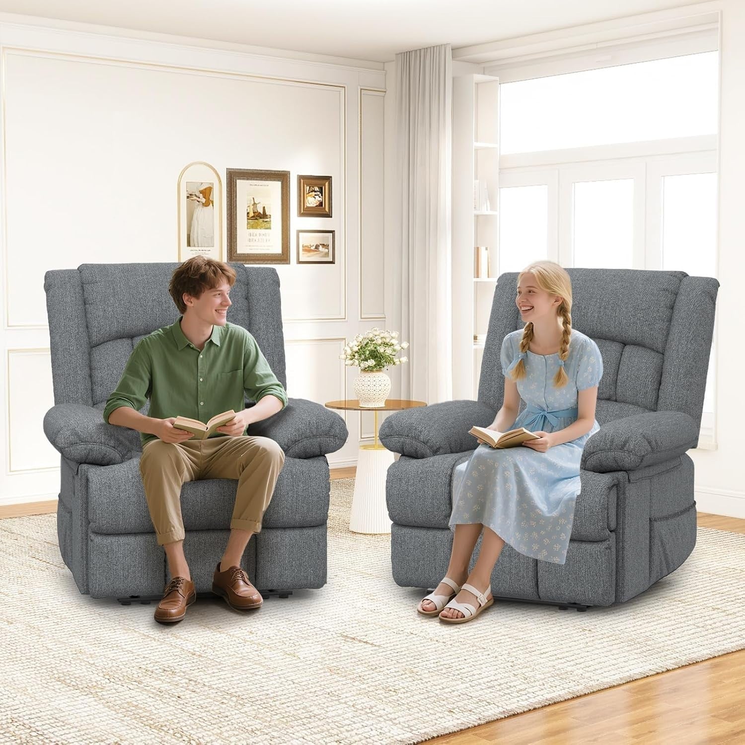 Manual Recliner Chair Massage Heat 135° Recline Footrest Dual Pockets Grey