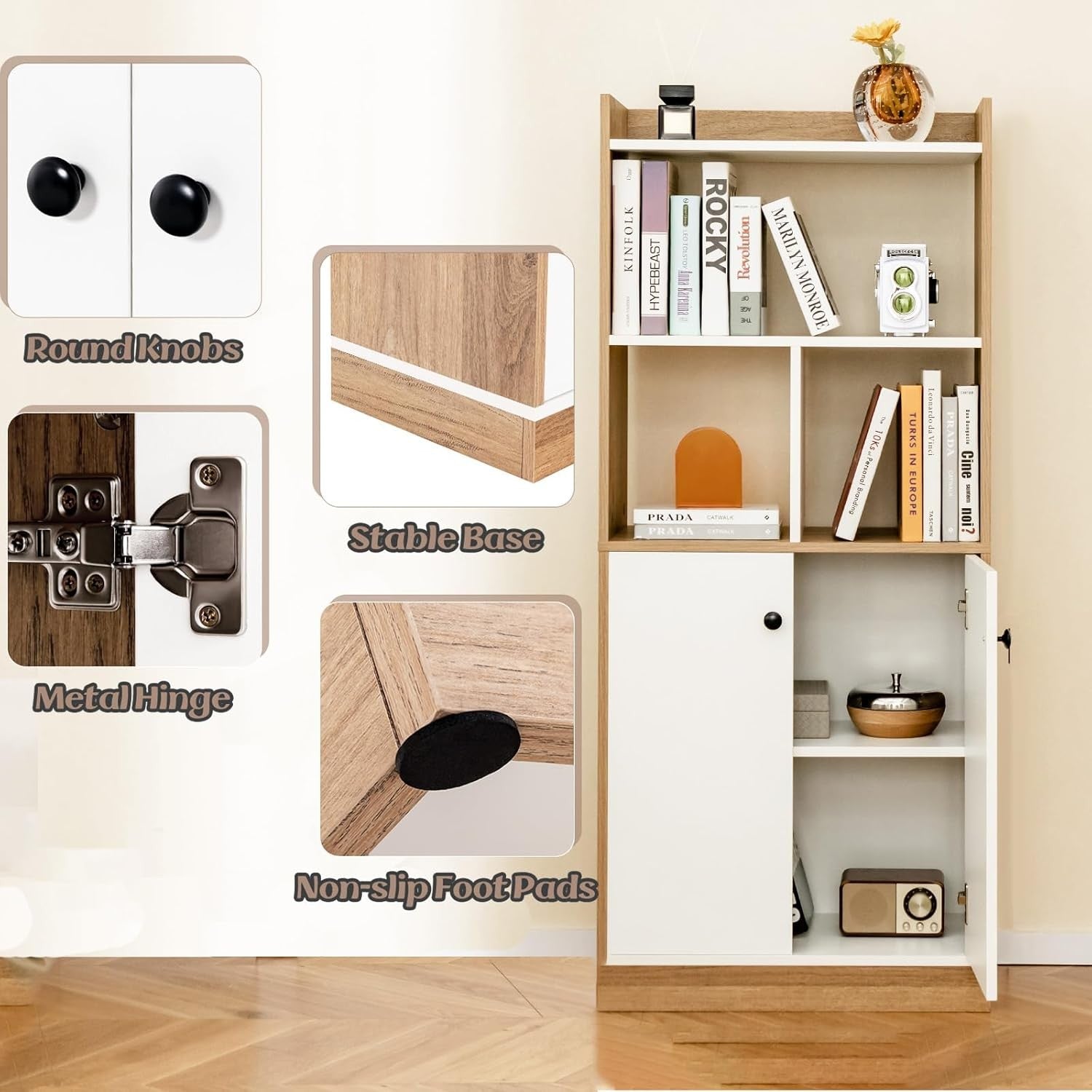 Wooden 4-Tier Bookcase with Cabinet, Freestanding Storage Shelf Unit 140cm Tall