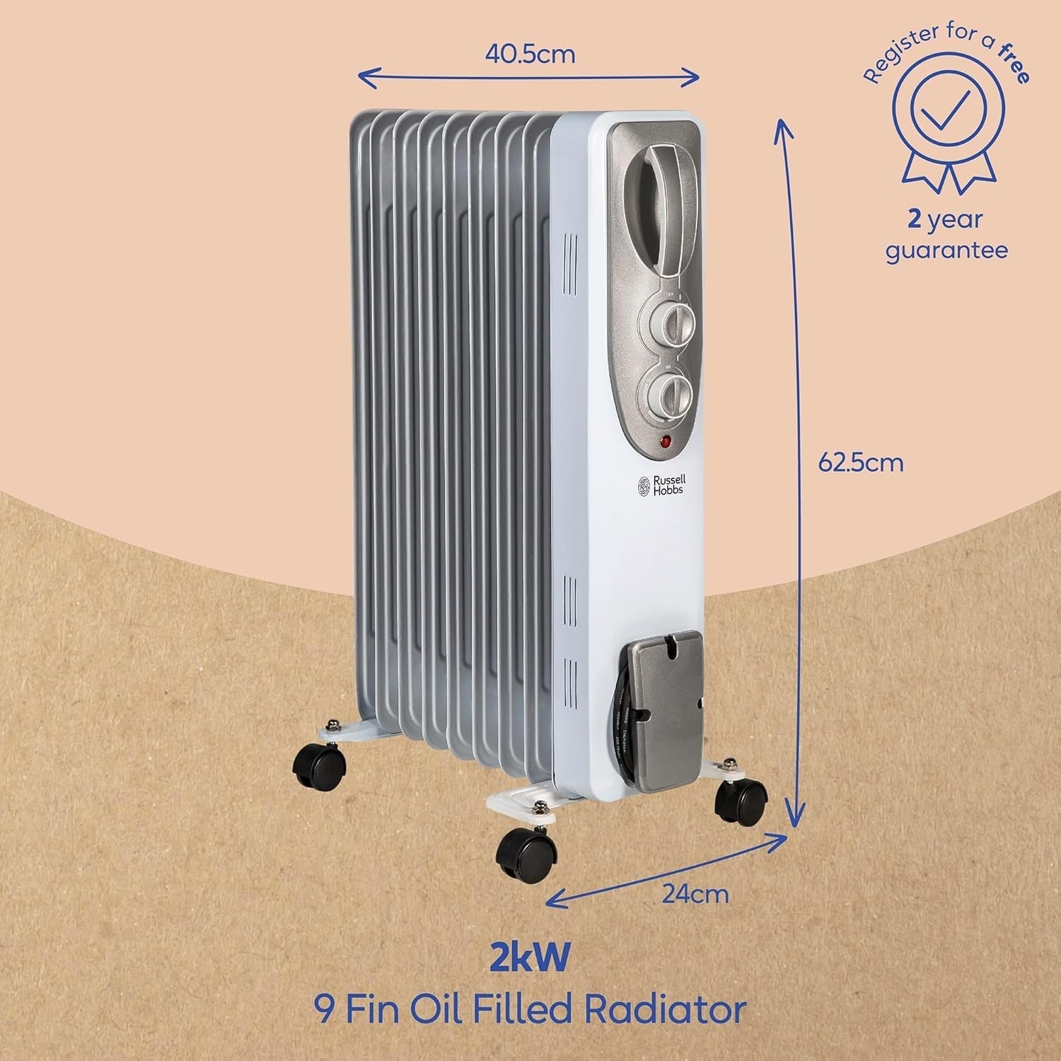 2kW Oil Filled Radiator Heater 9 Fins Portable Electric 20m² Room