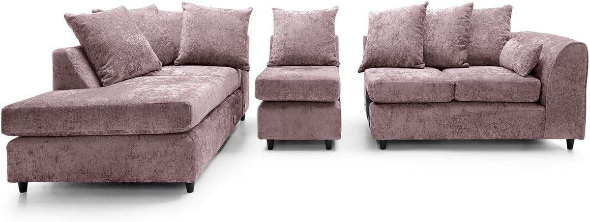 Large Pink Chenille Corner Sofa – Modern L Shape 5 Seater Couch w/ Covers