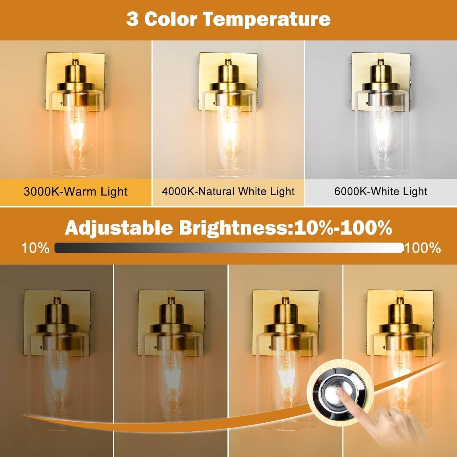 Gold Wall Sconce Lights 2-Pack, Rechargeable LED, Remote, Dimmable