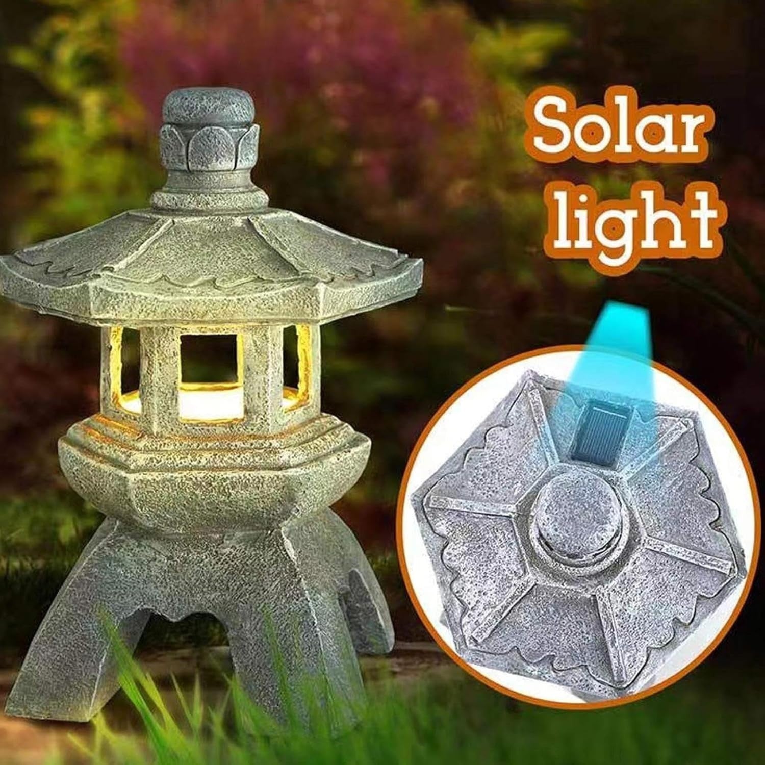 Solar Japanese Pagoda Lantern, 10.4" Resin Zen Garden Statue with LED Light