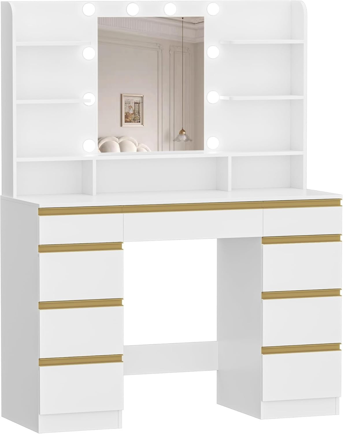 Vanity Makeup Dressing Table Desk w/Large Mirror LED Lights 9 Drawers White-Gold