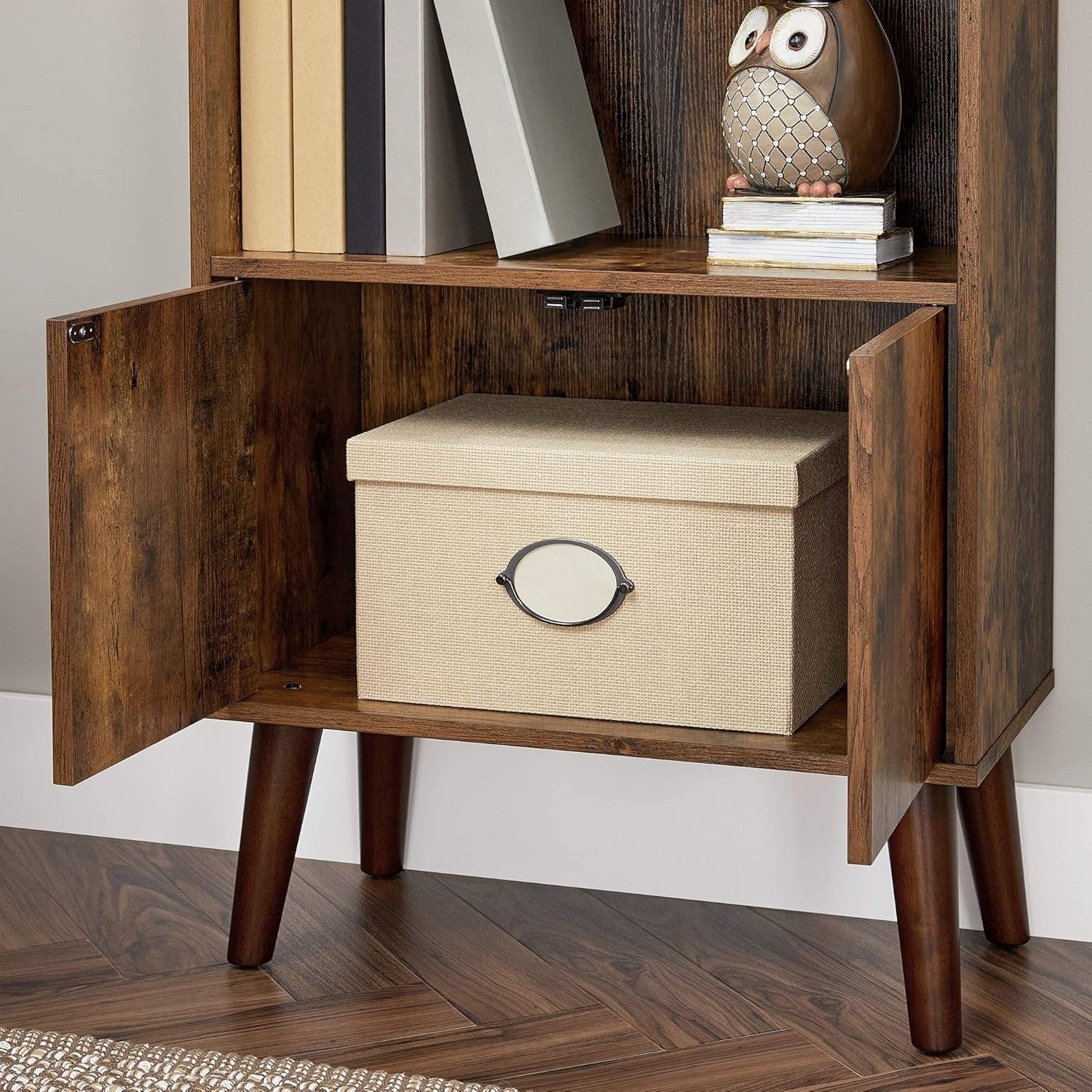 3-Tier Rustic Bookcase with Cabinet – Mid-Century Storage Shelf for Home & Offic